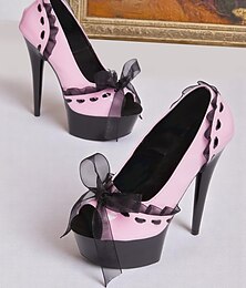abordables -Tacones de aguja con plataforma rosa para mujer con ribete de volante negro y lazo: zapatos de tacón estilo pin-up vintage sexy de los años 80 para fiestas, noches de club y ocasiones especiales.