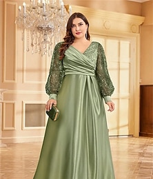 economico -Abiti A-Line Taglie Forti Elegante Vestito Curvo Formale Nozze Lunghezza Piena Manica Lunga Collo a V Poliestere con Pieghe