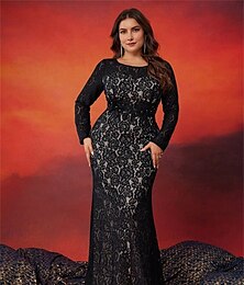 billige -Havfrue  Trompet Plus Size Kjoler Elegant Kurve Kjole Formell Bryllup Gulvlengde Lange Ermer Crew Hals Blonde med Spalte