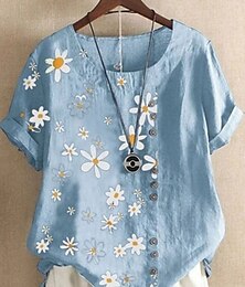 economico -Per donna Camicie di cotone e lino Floreale Essenziale Casual Manica Corta Girocollo Top Regolari Quotidiano Ricamato Blu marino Verde Azzurro Estate Primavera