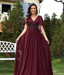 abordables -Robes de Quinceanera A-Line Élégante Robe Formelle Mariage Longueur de Tapis Manches Courtes Col en V Chiffon Dos Nu Avec Plis Appliques