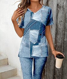 economico -Per donna Moda Elegante Maglietta Set di Pantaloncini Manica Corta Scollo a V Grafico Geometrico 3D Patchwork Stampato Casual Quotidiano Nero Blu inchiostro Azzurro Estate Vestibilità regolare