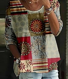 economico -Per donna Blusa Geometrico Blocco di colori Retrò Vintage Etnico Manica 3/4 Girocollo Top Regolari Quotidiano Ferie Stampato Vino Verde Estate