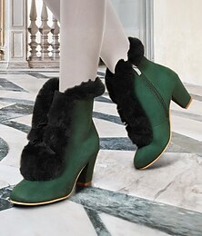 baratos -Botas femininas de salto alto com acabamento em pele e camurça verde vitoriana e zíper lateral - perfeitas para estilo vintage e moda de inverno