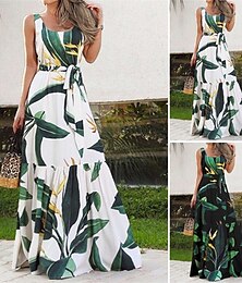 abordables -Femmes Robe Longue Maxi Robe Robe Décontractée Robe évasée Robe d'été Robe Nuisette Élégant Mode Moderne Quotidien Plage Week-end Coupe régulière Fleur Sans manches Col ras du cou Noir et Blanc Noir