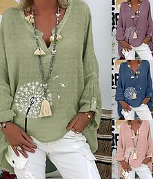 abordables -Mujer Camisas de algodón y lino Floral Básico Casual Manga Larga Cuello Camisero Tops regulares Diario Estampado Rosa Azul Marino Fucsia Verde Trébol Verano Otoño