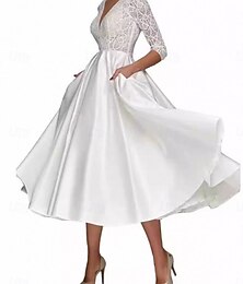 economico -Abito madre della sposa A-Line elegante semplice scollatura a V lunghezza tè poliestere manica 3/4 con colore solido