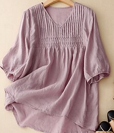 economico -Per donna Camicie di cotone e lino Tinta unica Essenziale Casual Mezza Manica Scollo a V Top Regolari Quotidiano Bianco Rosa Blu Viola Estate