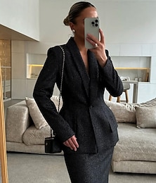 abordables -Robe mère de la mariée deux pièces pailletée, coupe trapèze, blazer péplum, élégante, simple et luxueuse, col châle, longueur au sol, manches longues avec boutons, 2025