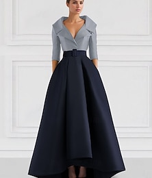 levne -Modré Červené A-line saténové formální večerní šaty Elegantní podzimní svatební šaty pro hosty Tuxedo šaty Asymetrické 3/4 délka rukávu Košilový límec s kapsou