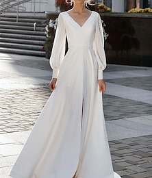 economico -Abiti da sposa casual A-Line scollo a V manica lunga lungo fino al pavimento in crepe elastico abito da ospite di matrimonio abiti da sposa semplici con cintura in vita in perline