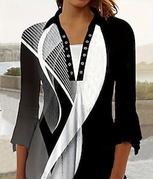 economico -Per donna Blusa Floreale Grafico Quotidiano Retrò Vintage Casual Manica 3/4 Colletto a Camicia Top Regolari Quotidiano Patchwork Stampato Bianco e nero Nero Bianco Blu Estate Primavera