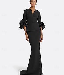 abordables -Robe de soirée sirène noire / trompette élégante robe formelle longueur au sol manches longues col en V crêpe extensible avec fronces 2025