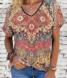 abordables -Mujer Camiseta Graphic Geométrico Vintage Elegante Moderno Manga Corta Escote en Pico Tops regulares Diario Estampado Amarillo Azul Piscina Verde Trébol Verano Primavera