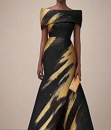 billige -Høy-Lav Kjole Svart og Gull Print A-Linje Aftenkjole Elegant Kjole Formell Bryllup Uten Ermer Off Shoulder Sateng
