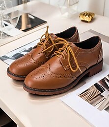olcso -női barna műbőr brogue oxford cipő – klasszikus szárnyas, fűzős lapos talpú cipő munkába, mindennapi irodai viseletre és őszi kirándulásokra
