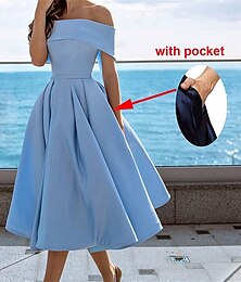 abordables -Ligne A Robes de Cocktail Élégant Robe Formel Mariage Longueur thé Sans manches Épaules Dénudées Satin Dos nu avec Plis 2025