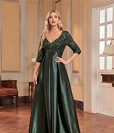 abordables -Vestidos de Quinceañera A-Line Elegante Vestido Formal Boda Largo hasta el suelo Manga larga Cuello en V Poliéster con lentejuelas