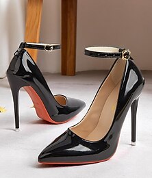 abordables -Escarpins à talons aiguilles en cuir verni noir pour femme avec bride à la cheville - talons hauts à bout pointu sexy pour les soirées et les tenues de club