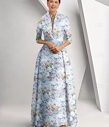 abordables -Robe mère de la mariée A-Line élégante décolleté Reine Anne longueur sol satin manches 3/4 avec nœud(s) robe de jour de course robe invitée de mariage