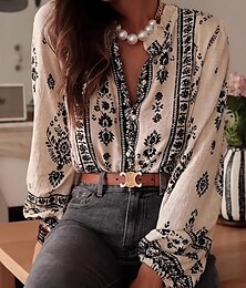 abordables -Mujer Camisa Floral Bohemia Vintage Elegante Manga Larga Cuello Camisero Tops regulares Diario Festivos Botones Estampado Negro Albaricoque Verano Primavera