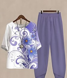 economico -Per donna Essenziale Camicia Set di Pantaloni Mezza Manica Girocollo Floreale Grafico pianta Stampato All'aperto Casuale Quotidiano Rosa Blu Viola Estate Vestibilità regolare