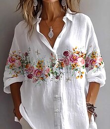 economico -Per donna Camicia Blusa Floreale Grafico Elegante Quotidiano Casual Manica Lunga Colletto a Camicia Top Regolari Quotidiano Ferie Uscire Bottoni Bianco Estate Primavera