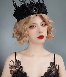 economico -Fascia per capelli da donna in pizzo nero gotico con ciondolo gioiello, tiara da regina per feste di Halloween, accessorio per costumi in stile vintage per adulti