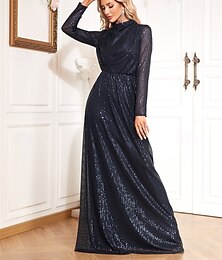 ieftine -Rochie A-Line din satin cu paiete sirenă  trompetă elegantă de seară rochie formală de nuntă lungă până la sol cu mânecă lungă și guler înalt cu falduri
