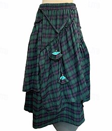 abordables -Femmes Jupe Occasionnel Maxi Taille Basse Jupes Plaid Ourlet asymétrique Micro-Élastique Vacances Rue Vert Automne Polyester