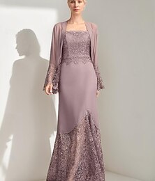 voordelige -A-lijn 3-delige moeder van de bruid jurk elegant eenvoudig casual vierkante hals vloer lengte chiffon mouwloos lange mouwen kant met jasje 2025