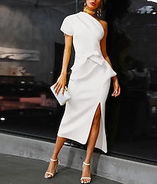 economico -Abiti da Cocktail Sheath da Spiaggia Abito Elegante Ospite di Matrimonio Lavoro Lunghezza Caviglia Manica Corta Spalla Asimmetrica Tessuto Elasticizzato con Fiocchi Slit Abiti
