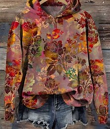 abordables -Mujer Sudadera con capucha Pullover Floral Elegante Cálido Vintage Manga Larga Con Capucha Tops regulares Calle Uso Diario Estampado Rojo Azul Piscina Verde Trébol Primavera Otoño Invierno