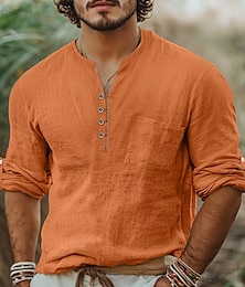 economico -Per uomo Camicia Camicia di lino Camicia Estiva Abbigliamento da spiaggia Semplice Vacanza Casuale Bianco Arancione Marrone Verde Manica Lunga Bavero Estate Primavera Abbigliamento