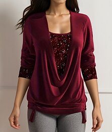 economico -Per donna Blusa Tinta unica Elegante Casual Manica Lunga Girocollo Top Regolari Quotidiano Paillettes Patchwork Nero Rosa Rosso Blu Estate Primavera