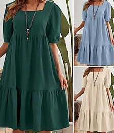 abordables -Mujer Mini vestido Vestido informal Clásico Moderno Exterior Vacaciones Festivos Ajuste regular Plano Manga Corta Escote Cuadrado Verde Oscuro Beige Azul claro Verano