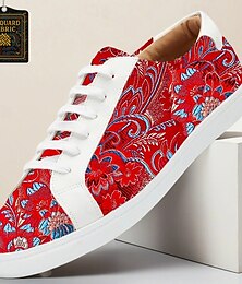 abordables -Baskets en tissu jacquard rouge pour hommes, légères, à lacets, avec motif floral artistique, idéales pour les tenues décontractées et de week-end de la mode streetwear