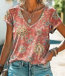 お買い得  -女性用 Tシャツ プリント フラワー グラフィック ペーズリー ヴィンテージ スタイリッシュ クラシック 半袖 Ｖネック レギュラートップス 日常 ブラック イエロー ピンク ルビーレッド パープル 夏 春