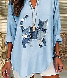 abordables -Mujer Tops de verano Graphic Animal Gato Vintage Tropical Hawaiano Manga Larga Escote en Pico Tops regulares Diario Festivos Ropa de playa Estampado Negro Blanco Azul Piscina Azul cielo Verano
