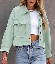 voordelige -Dames Vrijetijdsjas Comfortabel Ademend Zak Knop Casual Effen Vakantie Straat Casual Alledaagse kleding Enkele rij knopen Kort Strijkijzer Normale pasvorm Lange mouw bovenkleding Zwart Wit Groen
