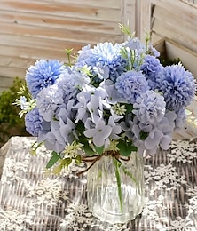 お買い得  -人工アジサイブーケ1束、テーブルセンターピース、リビングルームの花瓶、家庭用フラワーアレンジメントや装飾用のフェイクドライフラワー