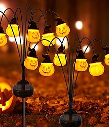 economico -2 luci decorative decorative per Halloween, impermeabili, a forma di zucca sorridente a 6 teste, con spina solare, per cortile, giardino, prato, percorso, festa, atmosfera horror e strana.