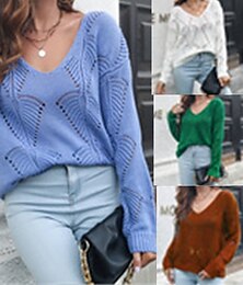 economico -Per donna Maglione Casual Tinta unica Spesso Scollo a V Lavorato a maglia Foro Manica Lunga Top Regolari Maglia Quotidiano Ferie Uscire Bianco Blu Estate Autunno