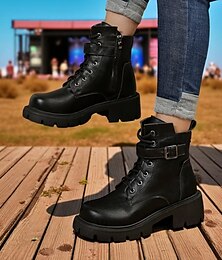 abordables -Botas de combate marrones con cordones para mujer, cremallera lateral y suela gruesa con tacos: elegantes botines para exteriores para otoño, invierno y ropa urbana informal.