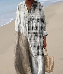 economico -Abito midi da donna con scollo a V maniche lunghe kaftano leggero vestibilità ampia abito a trapezio casual boho uscita vestibilità ampia grafica geometrica a righe maniche lunghe scollo a V grigio