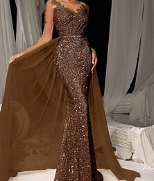 abordables -Robe de soirée sirène  trompette marron élégante avec appliques en dentelle brodée formelle mariage longue à manches longues col rond tulle avec jupe à sequins