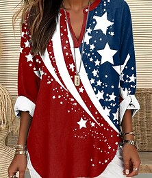 preiswerte -Damen Bluse Tunika V-Ausschnitt Langarm Boho Lässige Patriotische Flagge Rot Weiß Blau Kurzarm Reguläre Tops Täglicher Druck Rot Hellbraun Blau