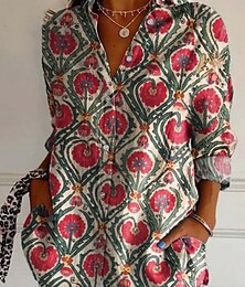 economico -Per donna Camicia Floreale Elegante Moderno Manica Lunga Colletto a Camicia Top Regolari Quotidiano Ferie Bottoni Stampato Nero Giallo Azzurro cielo Verde Estate