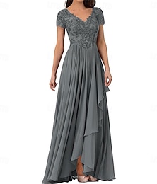 economico -Abito elegante a trapezio per la madre della sposa semplice scollo a V lungo fino al pavimento maniche corte in chiffon con colore solido