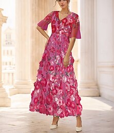 economico -Abiti Cocktail A-Line Gown Cerimonia Invito Matrimonio Floreale Elegante Lunghezza Caviglia Manica Corta Collo Illusione Tulle con Ricamo Applicazioni